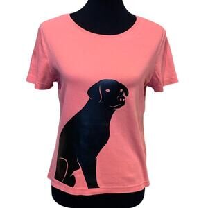 Hand Printed Upcycled Womens Small Black Lab Dog Puppy Short Sleeve Tee